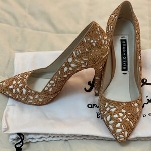 Alice + Olivia Floral Cutout Tan Heels